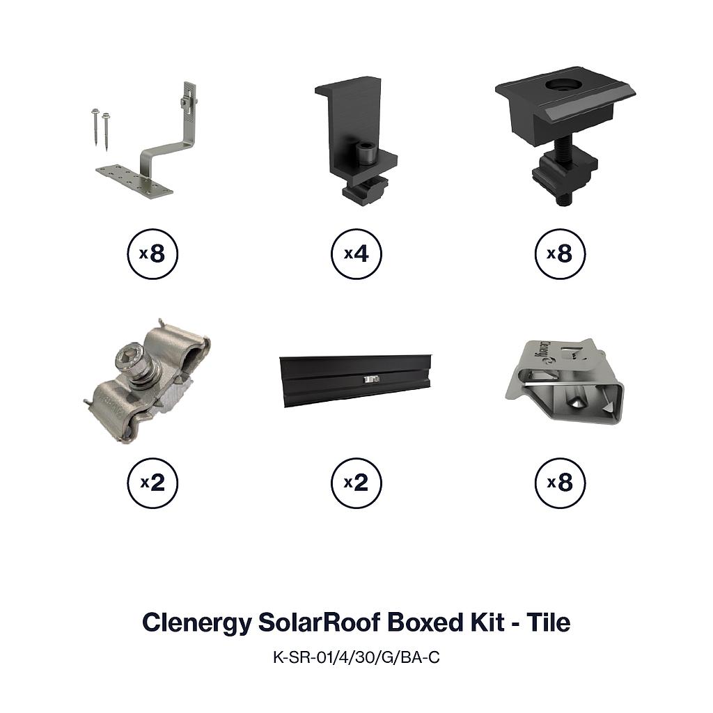 [K-SR-01/4/30/G/BA-C] Clenergy SolarRoof Boxed Kit - 4 Panel - Tile - 30mm Clamps - Full Black - Excludes Rails