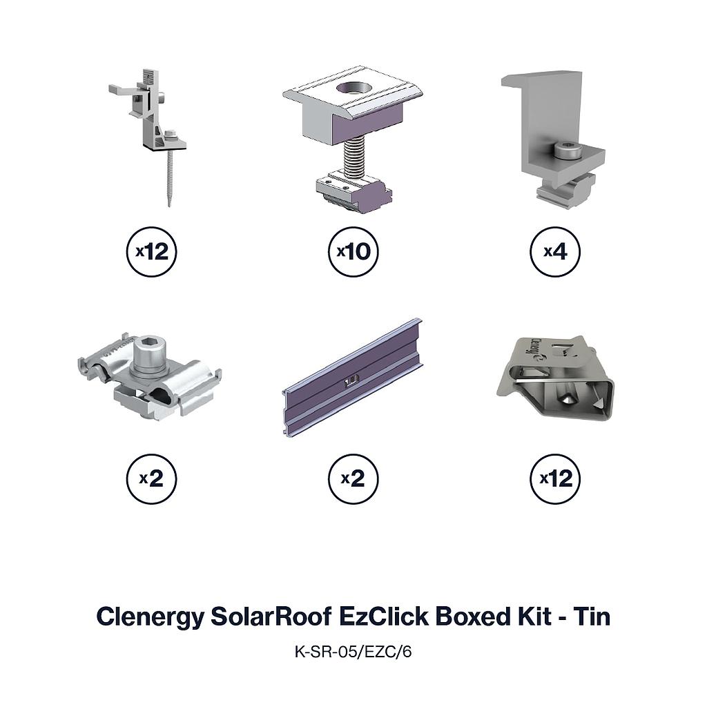 [K-SR-05/EZC/6/30/G] Clenergy SolarRoof ezClick Boxed Kit - 6 Panel - Tin - 30mm Clamps - Silver Anodized - Excludes Rails